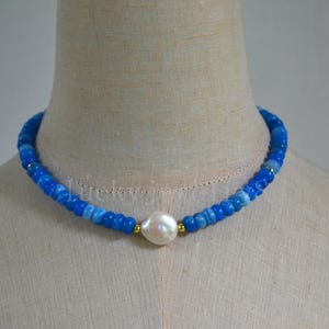 Blue jade Necklace with Large freshwater Baroque Pearl Charm,blue Jade Beaded Necklace Choker,blueStone Choker, Gifts for Her