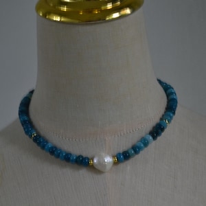 Lake Blue jade Necklace with Large freshwater Baroque Pearl Charm,lake blue Jade Beaded Necklace Choker,lake blueStone Choker, Gifts for Her