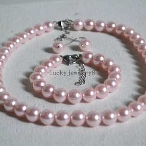 pearl set,pink shell pearl set,shell pearl set,pearl necklace,pearl bracelet pearl dangle earring.bridesmaid necklace,wedding party jewelry