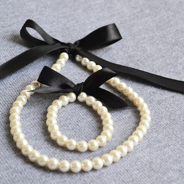 Flower girl jewelry sets, bridesmaid pearl bracelet wedding party, pearl necklace bracelet sets black satin ribbon wedding gift junior