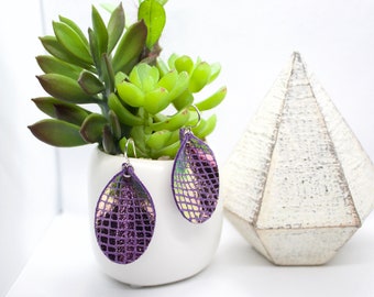 Purple scale iridescent leather earrings - mermaid drop personal diffuser