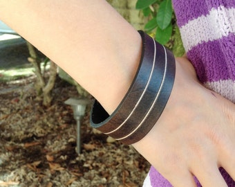 1 inch wide, carved dark brown leather bracelet - unisex for men and women