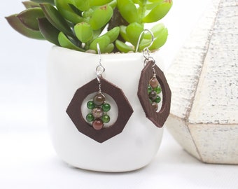 Geometric cut leather earrings with jasper and green beads - personal diffuser