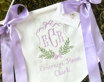 Custom Baby Banner Lavender Lilac Purple Floral Crest Welcome Banner, Hospital Door or Crib with Satin or Fabric Bows and Birth Stats Card