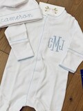 Custom Monogrammed 100% Pima Cotton Newborn Converter Gown Romper or Footie with Hat and Blanket Coming Home Outfit High Quality