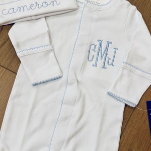 Custom Monogrammed 100% Pima Cotton Newborn Converter Gown Romper or Footie with Hat and Blanket Coming Home Outfit High Quality