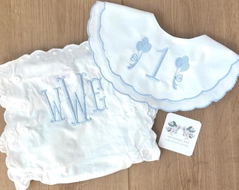 Custom Heirloom Scalloped Baby Boy Ruffle Baby Bloomers Diaper Cover , Bib and High Chair Banner, First Birthday
