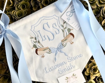 Bannière personnalisée pour bébé avec écusson de canard colvert, bannière de bienvenue, plaque de porte d'hôpital, baby shower avec satin, tissu ou plusieurs rubans