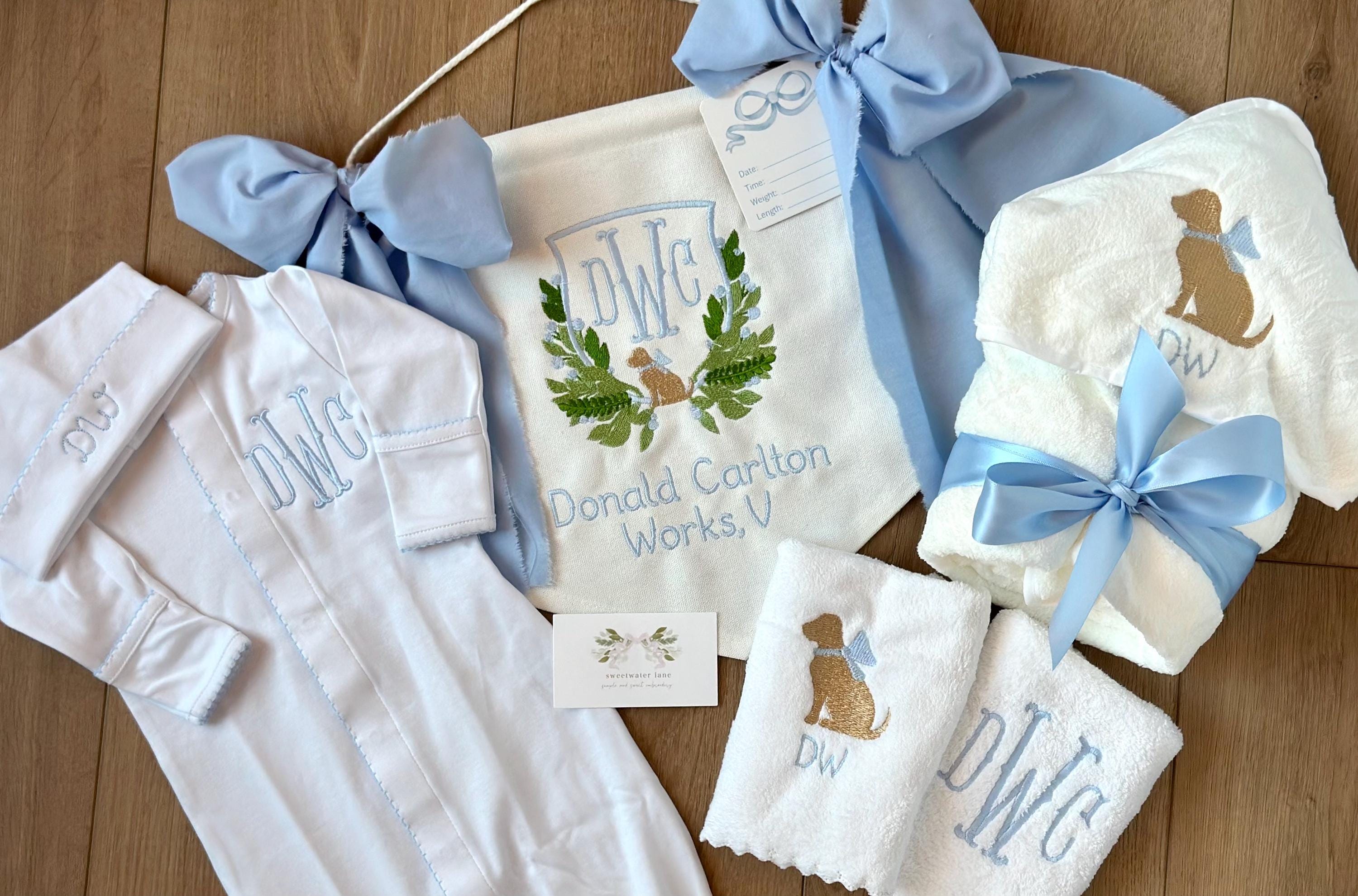 Custom Monogrammed Ultimate Baby Gift Bundle with Baby Bassinet Banner, Pima Outfit, Burp Cloths and Hooded Towel Baby Shower, Hospital
