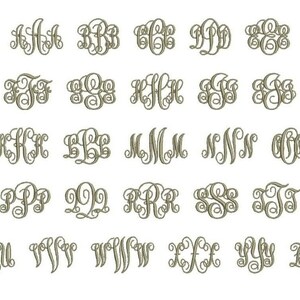 K&ouml;nnte beinhalten: Ein Satz von 26 Monogramm-Buchstaben in einer kursiven Schriftart. Die Buchstaben sind in alphabetischer Reihenfolge angeordnet, wobei jeder Buchstabe in einem separaten Kreis angezeigt wird.