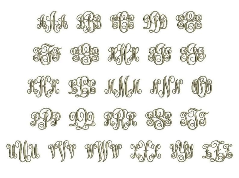 K&ouml;nnte beinhalten: Ein Satz von 26 Monogramm-Buchstaben in einer kursiven Schriftart. Die Buchstaben sind in alphabetischer Reihenfolge angeordnet, wobei jeder Buchstabe in einem separaten Kreis angezeigt wird.