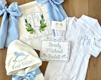 Custom Monogrammed Ultimate Baby Gift Bundle with Baby Bassinet Banner, Pima Outfit, Name Card and Hooded Towel Baby Shower, Hospital