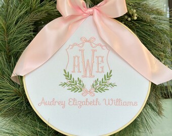 Custom Baby Banner Announcement Hoop Welcome Sign, Hospital Door or Crib with Bow and Birth Announcement Card