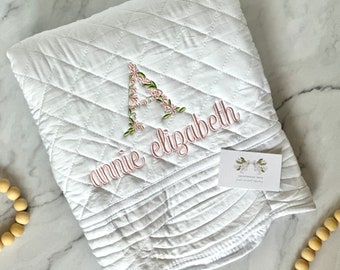 Custom Baby White Diamond Heirloom Quilt Blanket Monogrammed Personalized