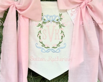 Custom Baby Banner Floral Princess Crest Welcome Banner, Hospital Door or Crib with Fabric Bows and Birth Stats Card