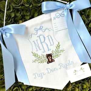 Custom Baby Banner, Bear, Stork or Dogs Welcome Banner, Hospital Door Sign, Baby Shower w ribbons tied in BOWS