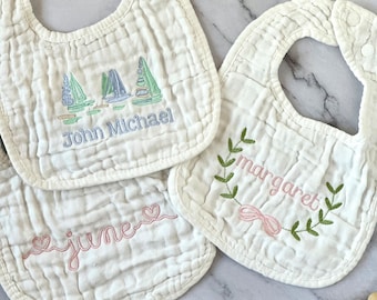 Custom Embroidered Muslin Cotton Baby Bibs, Baby Gift