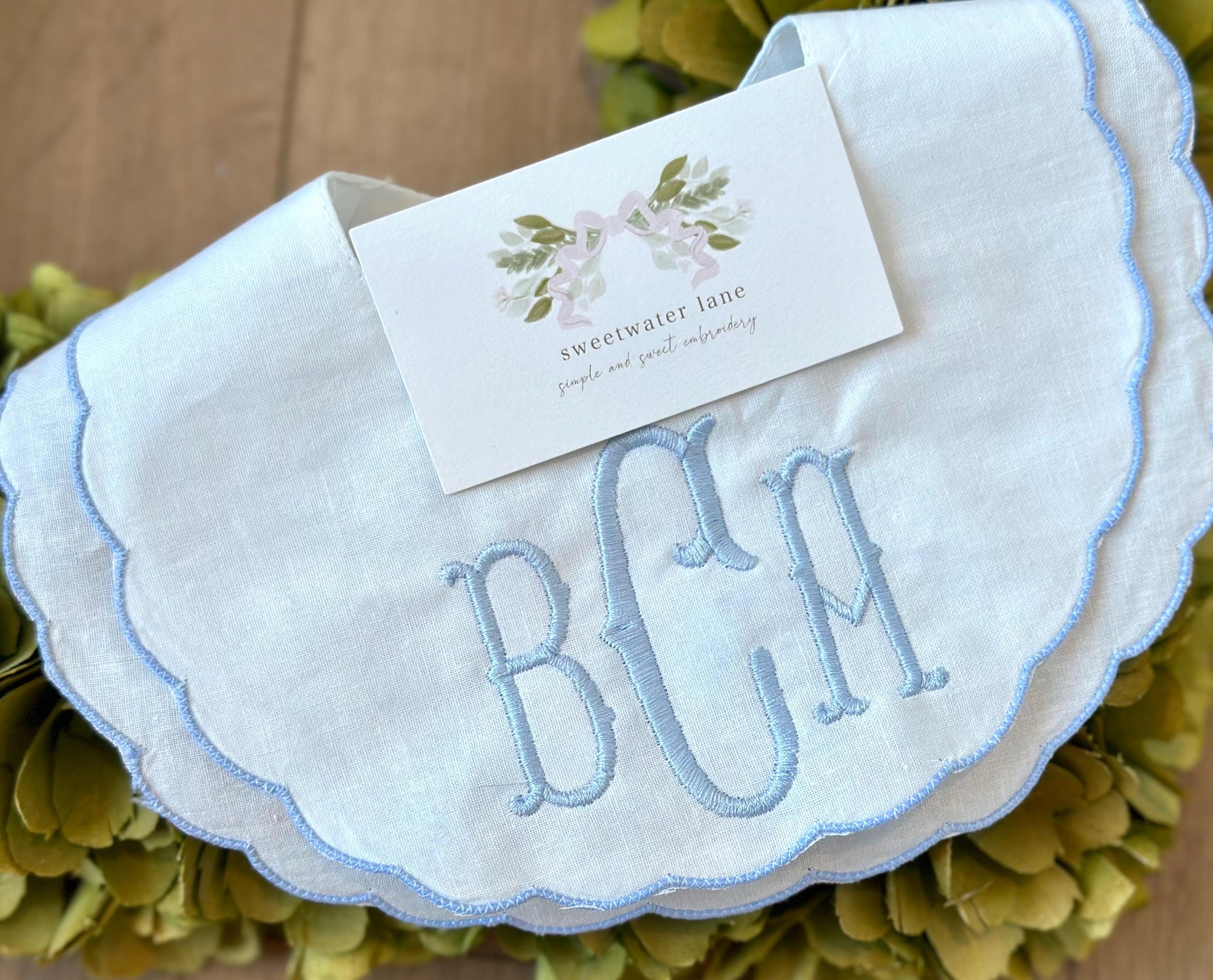Scalloped Heirloom Embroidered Linen Baby Bib First Birthday