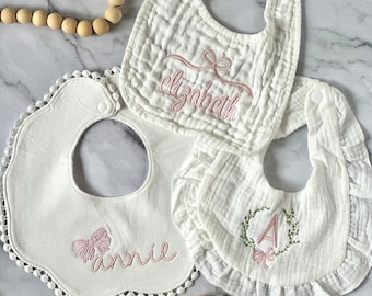 Set of 3 Custom Embroidered Muslin Cotton Baby Bibs, Baby Gift