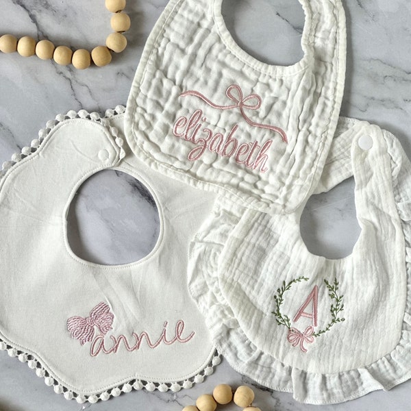 Set of 3 Custom Embroidered Muslin Cotton Baby Bibs, Baby Gift