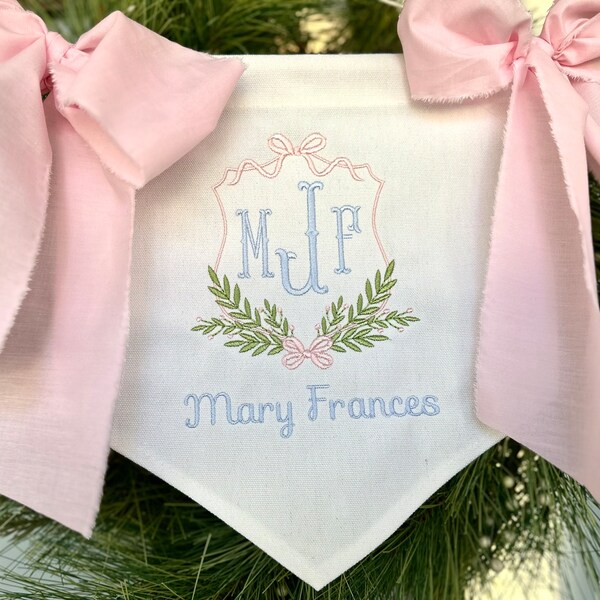 Custom Baby Banner Floral Crest Welcome Banner, Hospital Door or Crib with Fabric Bows and Birth Stats Card