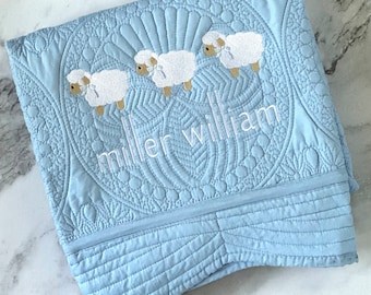 Custom Baby Heirloom Quilt Blanket Monogrammed Personalized Sheep Lamb