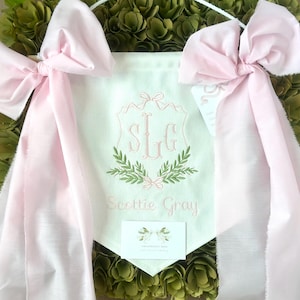 Custom Baby Banner with Floral Crest Frame and Satin or Fabric Bows Baby Banner, Welcome Banner, Hospital Door Sign, Baby Shower