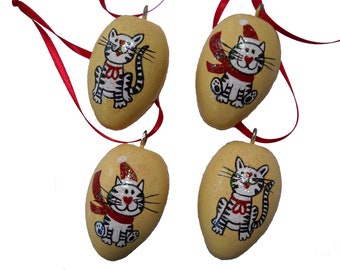 Cat Christmas Ornaments, Set of Four Hand Painted Felines, Unbreakable Wooden Kitty Decorations
