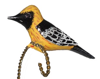 Hooded Oriole Christmas Ornament, Hand Carved Bird Clip-on Decoration