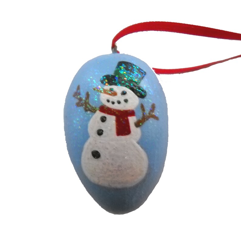 Handpainted Christmas Decorations, Set of Four Blue Ornaments, Snowman and Santa Designs image 3