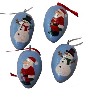 Handpainted Christmas Decorations, Set of Four Blue Ornaments, Snowman and Santa Designs image 1