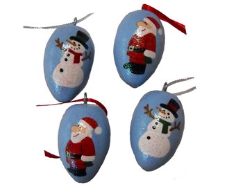 Handpainted Christmas Decorations, Set of Four Blue Ornaments,  Snowman and Santa Designs