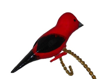 Scarlet Tanager Christmas Decoration, Carved Bird Ornament