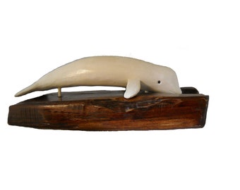 Beluga Wood Carving, Carved Whale on Driftwood Base, Home or Office Decor