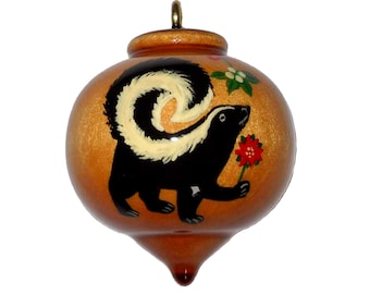 Skunk Ornament, Christmas Tree Decoration,  Stinker with Mistletoe and Poinsettia