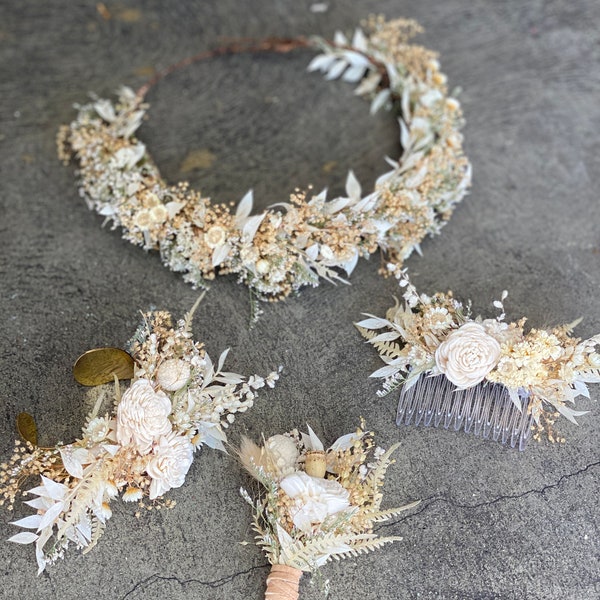 Cream White & Beige Neutral Dried Flower Crown Wedding Set / Haircomb /  Boutonniere / Wristlet Cuff/ Bridal Bouquet / Hand tied Bouquet