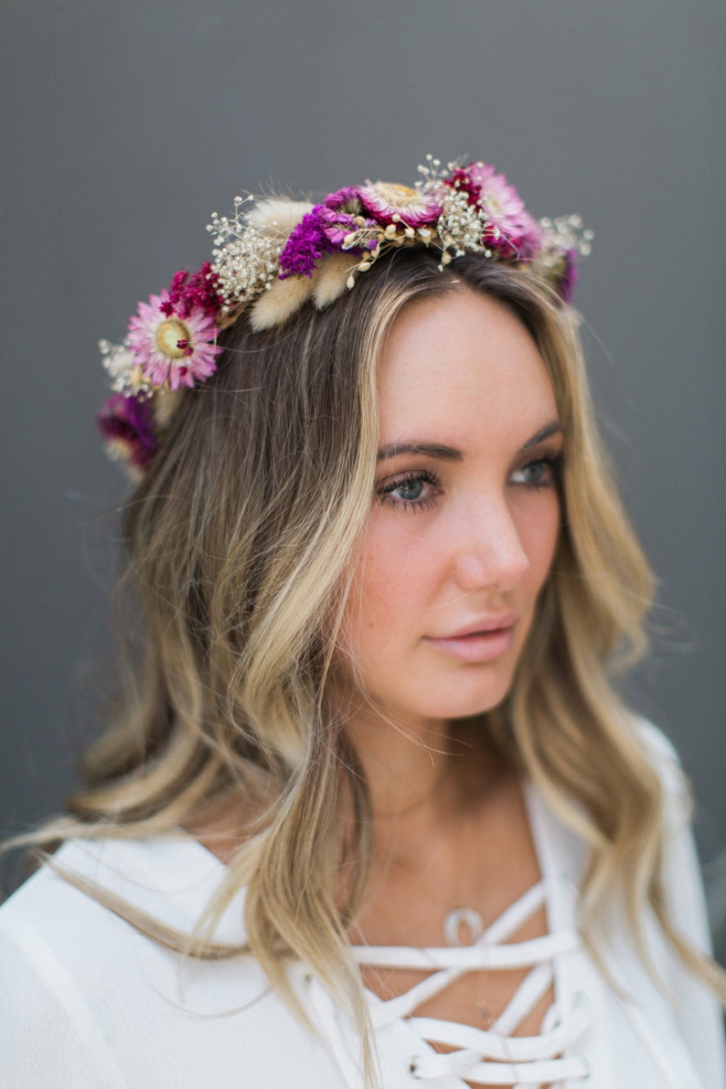 Bright Fuchsia Purple and Blush Preserved Flower Crown / Dried Flower Crown Head Piece / Tiara image 1