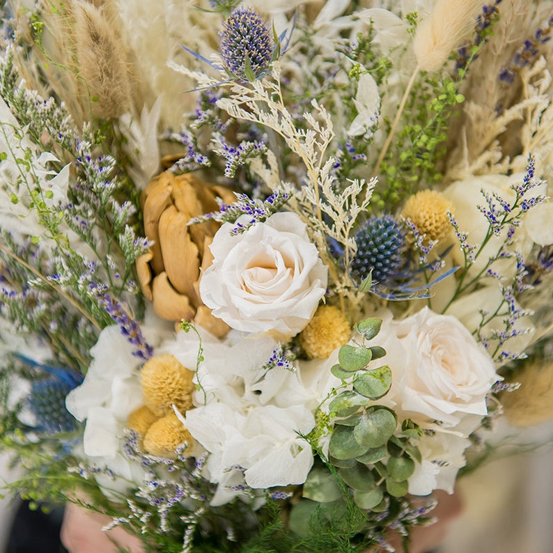 Cream, Beige & Blue Dried Flowers Bouquet / Preserved Flowers Bouquet / Wedding Bridal bouquet/Dried Flower Bundle image 2