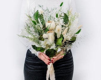 White, Cream & Green Dried Flower Bouquet / Preserved Flowers Bouquet / Wedding Bridal bouquet/ Boutonniere/ Dried Flower Bundle