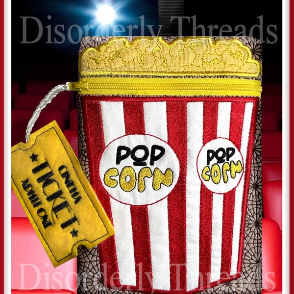 Popcorn Zippered Bag & Movie Ticket! 6x8.5" **xxx vip pes jef hus exp dst vp3 Formats** ITH In The Hoop Zippered Bag Machine Embroidery File
