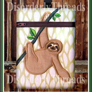 Sloth Zippered Bag!  5x7&quot; Pes Dst Exp Hus Jef Vip Xxx Formats ITH In The Hoop Zippered Bag Machine Embroidery File
