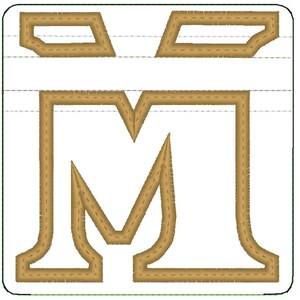 May include: A brown letter M with a stitched outline. The letter is on a white background with faint grid lines.