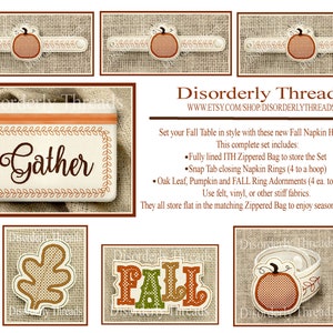 May include: A set of autumn-themed napkin holders with a zippered bag for storage. The set includes a "Gather" bag, four napkin rings with a pumpkin design, four oak leaf rings, and four "Fall" rings. The rings are made of felt, vinyl, or other stiff fabrics.