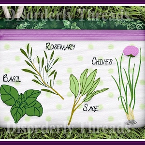 May include: A white zippered pouch with a green and white polka dot pattern. The pouch features embroidered images of herbs, including basil, rosemary, sage, and chives. The text "Basil", "Rosemary", "Sage", and "Chives" is embroidered on the pouch.