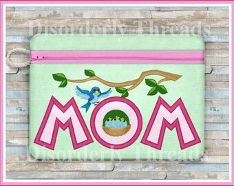 6x8.5" MOM Bluebirds  Zippered Bag Design  *xxx vip pes jef hus exp dst vp3 Formats* ITH In The Hoop Zippered Bag Machine Embroidery File