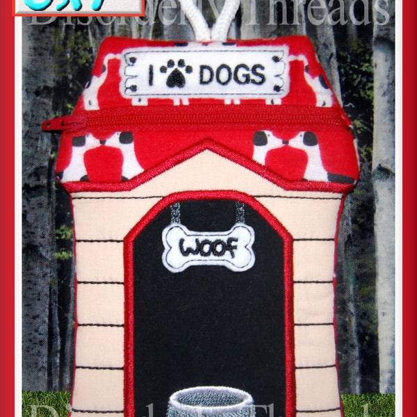 Dog House Zippered Bag! 5x7"  **xxx vip  pes jef hus exp dst Formats**  ITH In The Hoop Zippered Bag Machine Embroidery File