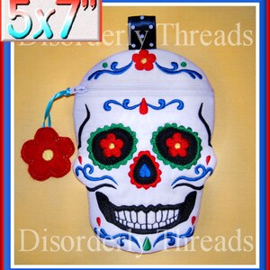 SUGAR Skull Zippered Bag! 5x7&quot;  **xxx vip  pes jef hus exp dst Formats** Calavera ITH In The Hoop Zippered Bag Machine Embroidery File