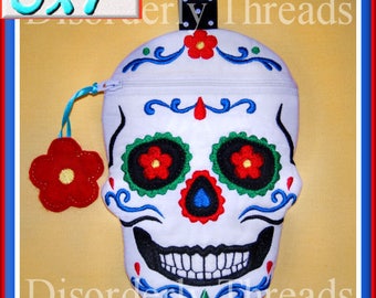 SUGAR Skull Zippered Bag! 5x7&quot;  **xxx vip  pes jef hus exp dst Formats** Calavera ITH In The Hoop Zippered Bag Machine Embroidery File