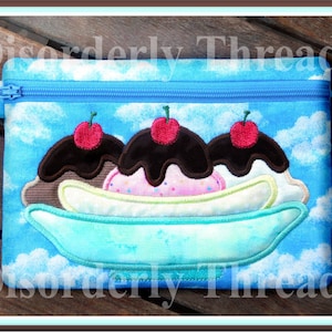 Banana Split Ice Cream Zippered Bag File SIZE:6x8.5" xxx vip pes jef hus exp dst vp3 Formats ITH In The Hoop Zippered Bag Machine Embroidery
