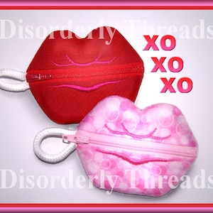 Lips Valentine Zippered Bag! 4x4"  **xxx vip  pes jef hus exp dst Formats** ITH In The Hoop Zippered Bag Machine Embroidery File